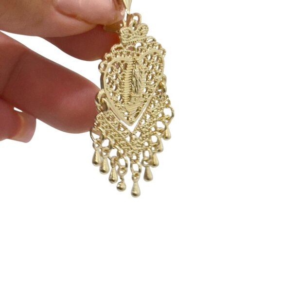 NEW Gold Filled Gold Filigree Heart Dangle Earrings With Virgin Mary Design - Picture 4 of 6